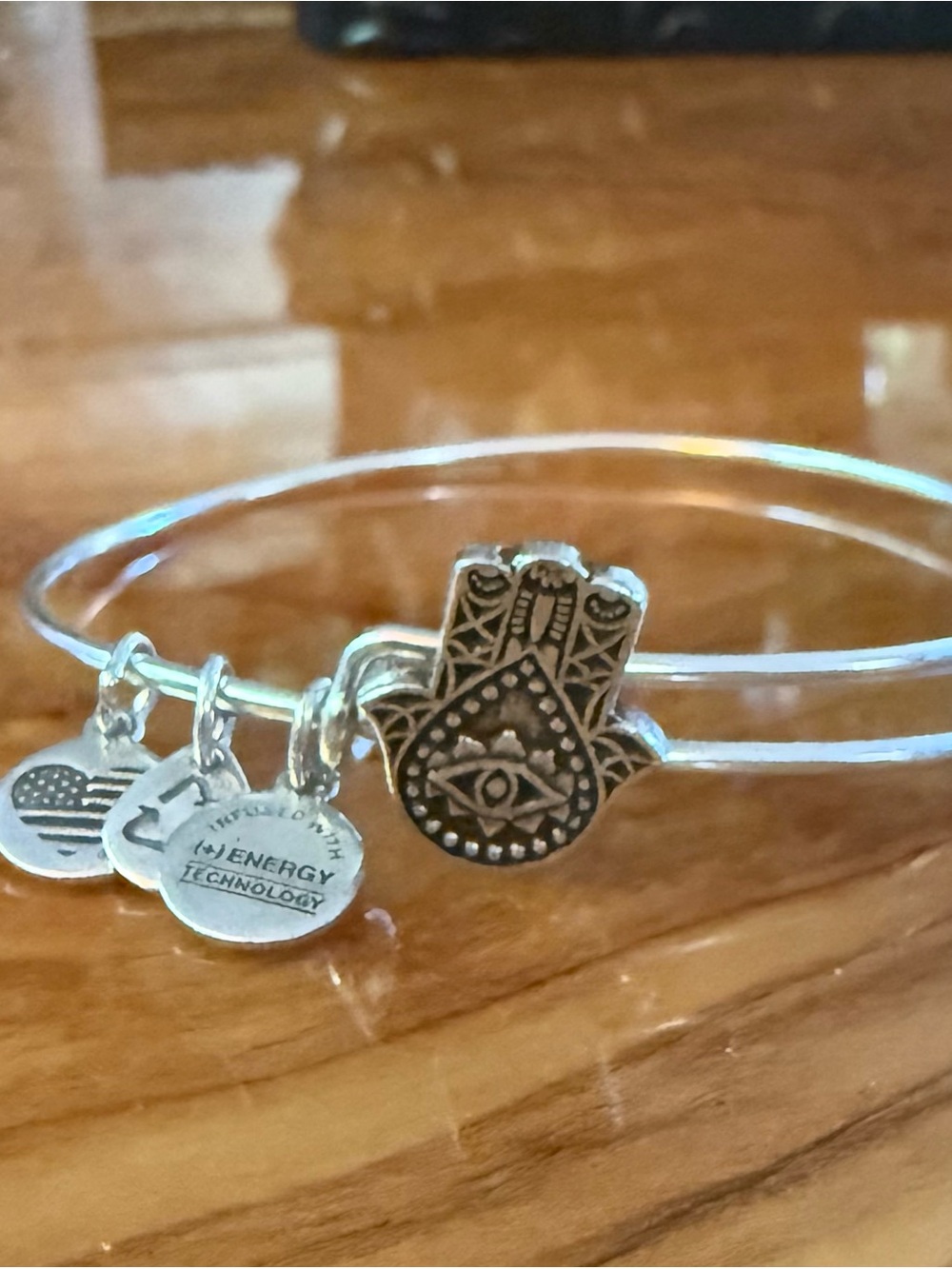 Alex and Ani Silver Hamsa Hand Charm Bangle with Branded Discs